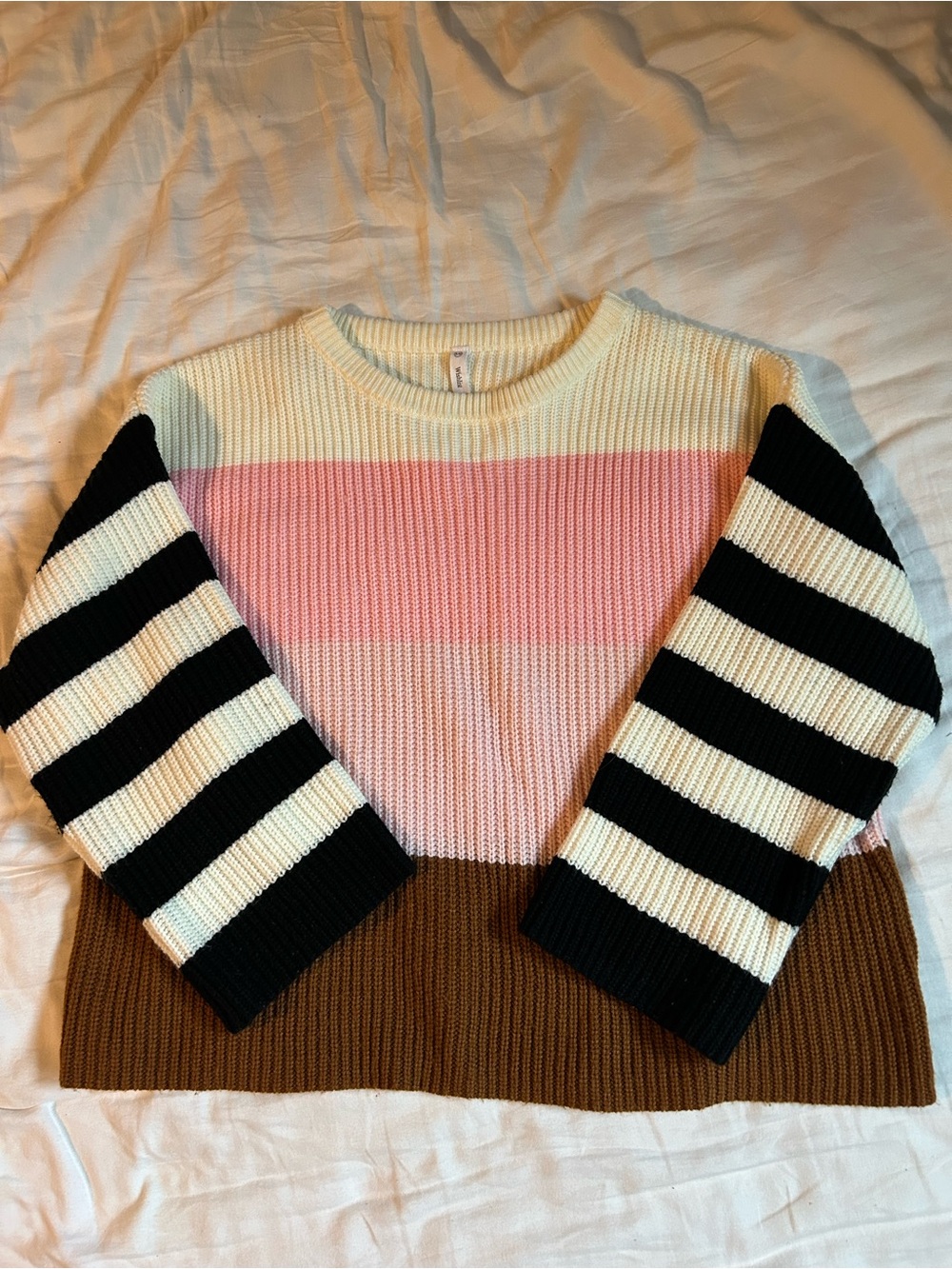 Roolee Wish Colorblock Crewneck Sweater in Pink, Cream, Brown & Black Stripes